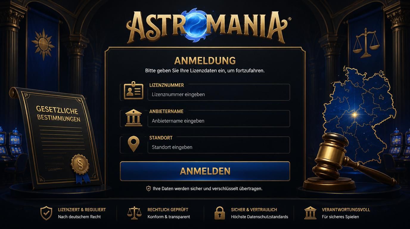 Ein Casino-Anmeldeformular mit Lizenzinformationen, Anbieter und Deutschlandkarte sichtbar.
