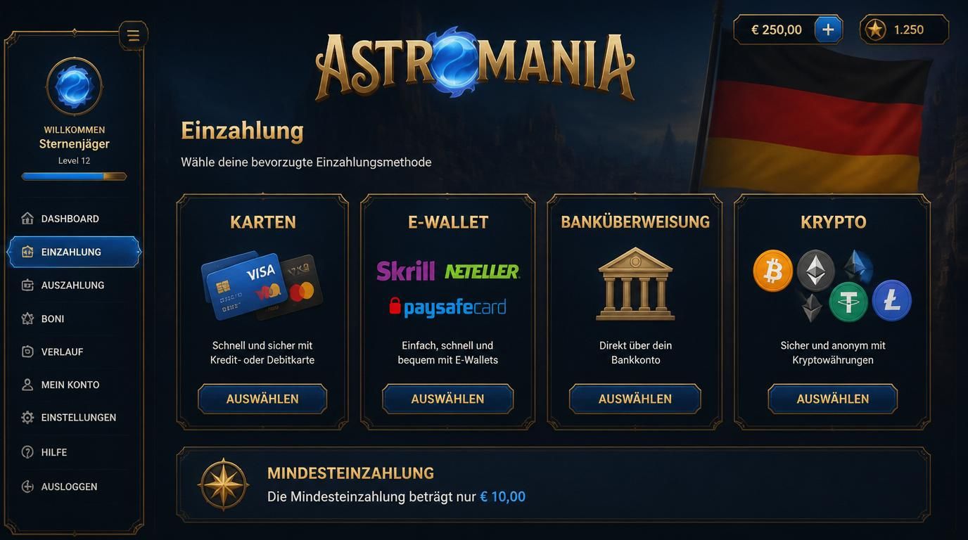 Icons von Kreditkarte, E-Wallet, Banküberweisung und Krypto vor Deutschlandflagge