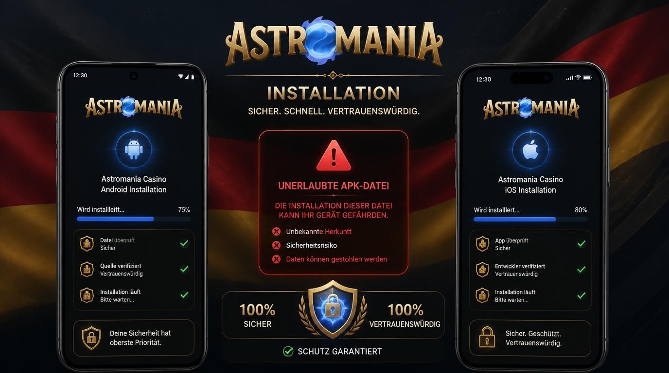 Bild zeigt zwei Smartphones mit der Installation der Astromania Casino App, Sicherheitsicons und Hinweis auf APK-Warnung