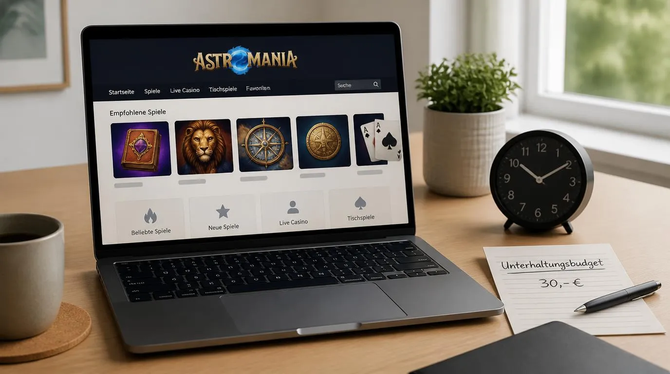 Laptop mit modern gestalteter Casino-Webseite neben einer handschriftlichen Notiz zum Unterhaltungsbudget