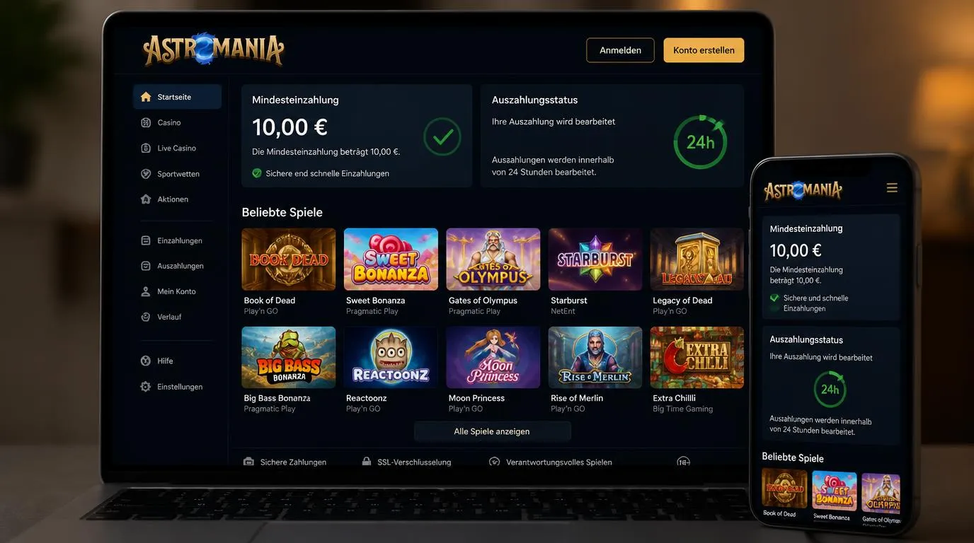 Casino-Oberfläche mit 10 € Einzahlung, Auszahlungsanzeige und einer Auswahl verschiedener Spiele