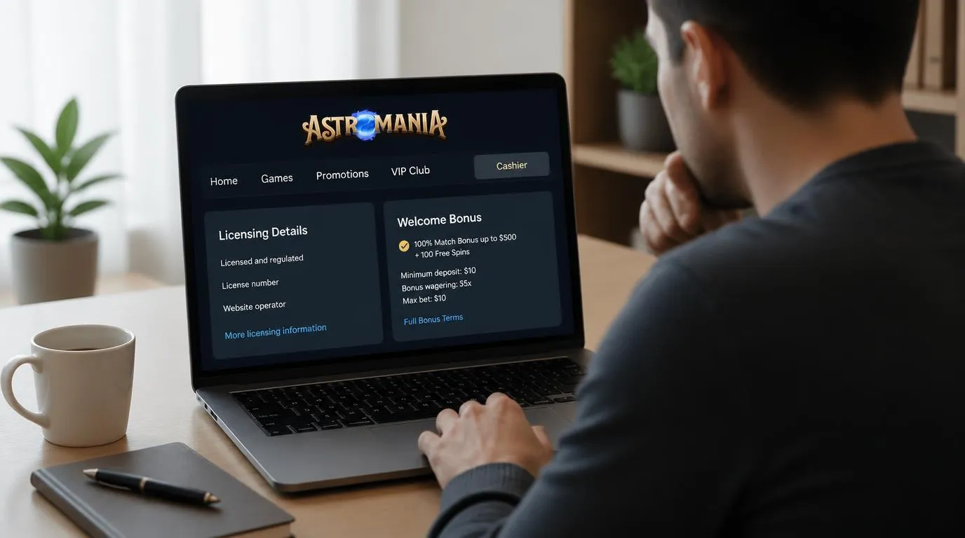 Casino-Seite auf einem Laptop mit geöffneten Bereichen für Lizenzangaben und Bonusbedingungen