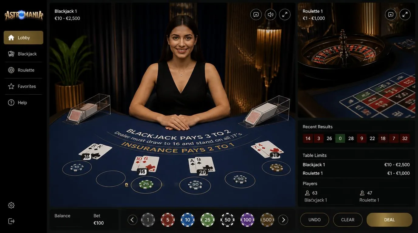 Live-Dealer an einem Blackjack-Tisch mit Roulette-Ansicht und gut lesbaren Spielelementen